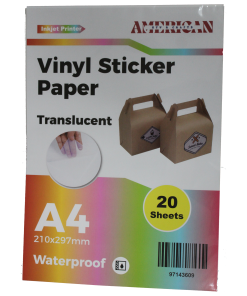 A4 Waterproof Translucent Vinyl Sticker Paper For Inkjet Printer 20 Sheets