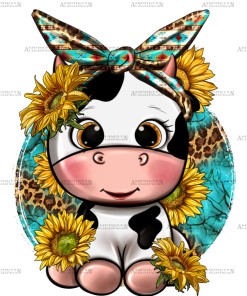 Cute Cow With Sunflower And Leopard DTF Transfer