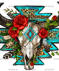 Roses With Aztec Bull Skull DTF Transfer